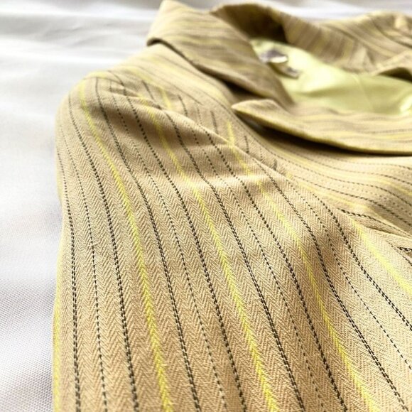 ESCADA LINEN BLEND BEIGE BLACK YELLOW STRIPED PEAK LAPEL MID-LENGTH BLAZER - 4 - Picture 8 of 12